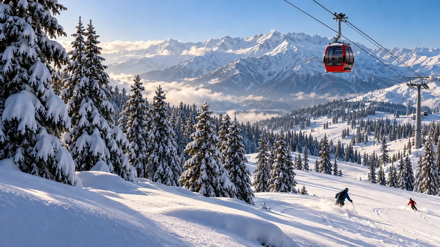 Illustrative Gulmarg-inspired winter scene with snowy pine trees, a Gondola and skiers