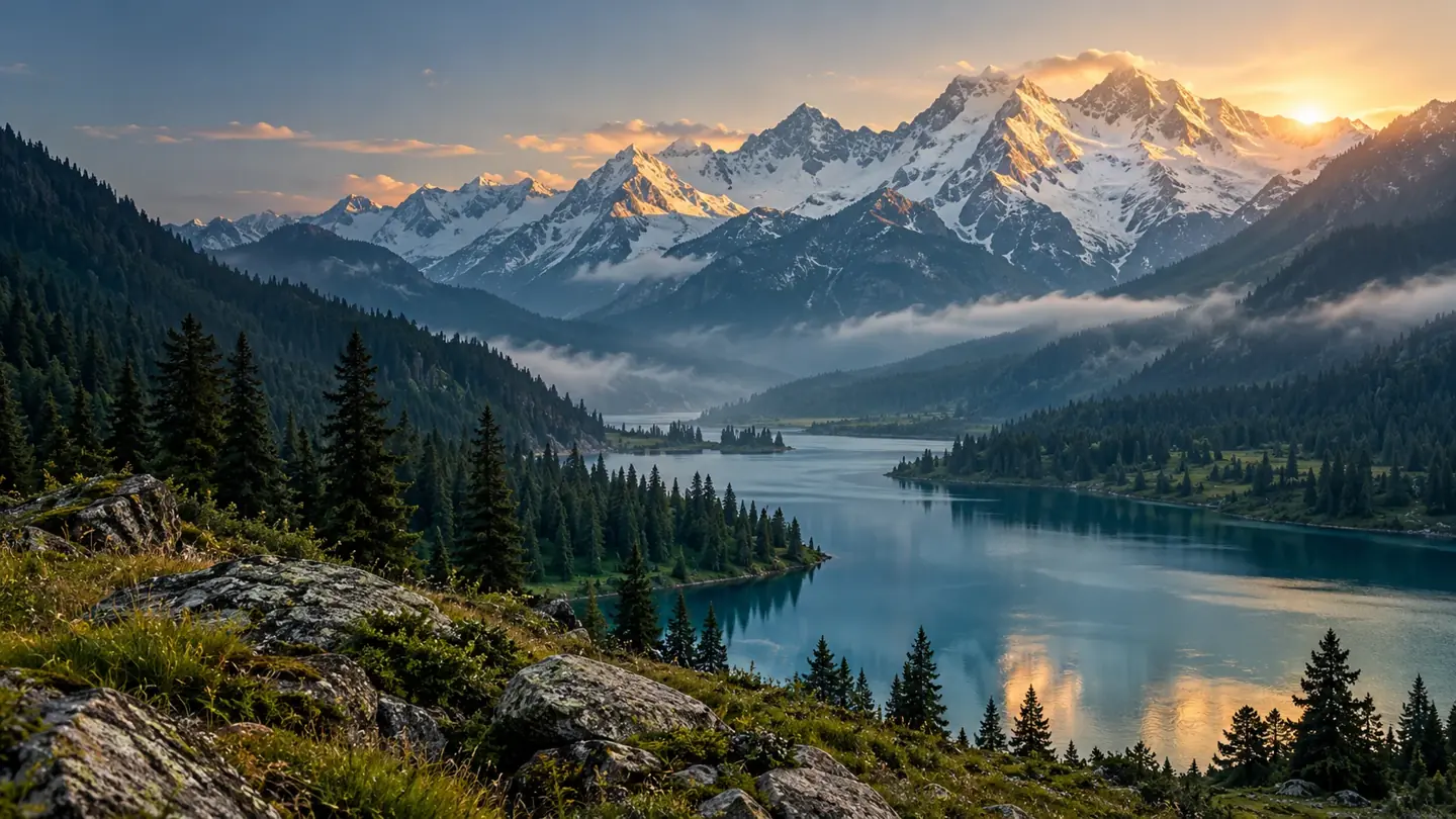 Illustration: Kashmir-inspired alpine lake at sunrise
