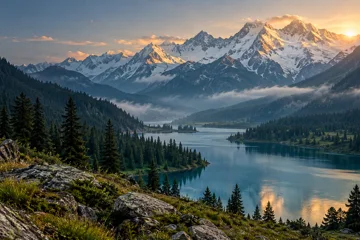Illustration: green mountains and alpine lake in summer