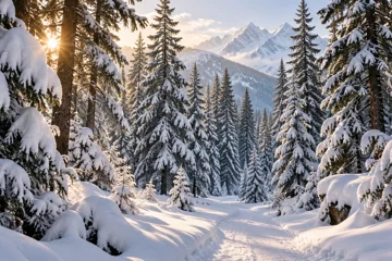 Illustration: snow-covered winter pine trees